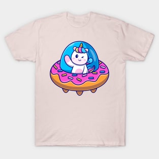 Cute Unicorn Flight With Donut UFO Cartoon T-Shirt